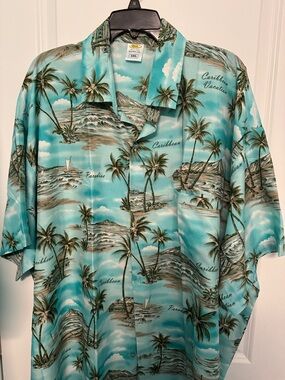 Tropical Palm Print Camp Shirt - Teal Caribbean Vacation